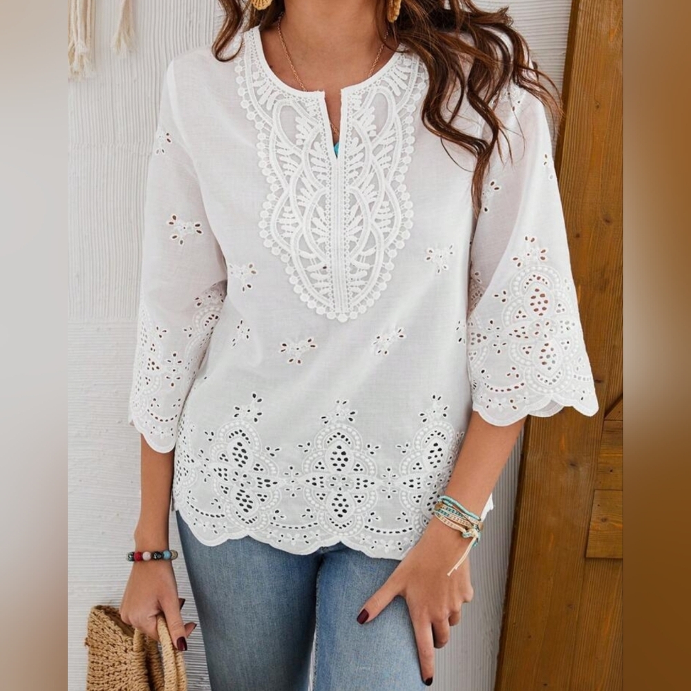 New Boho Embroidered Eyelet Lace Scalloped Top Blouse White